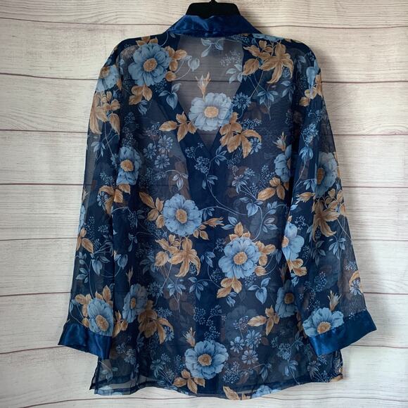 Secret Treasures Blue Floral Sheer Pajama Top Button Up Front Satin Trim Size L - Picture 8 of 15